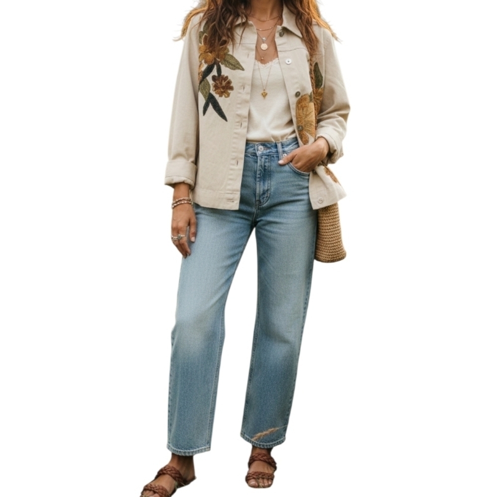 Laura Ashley Petite Tan Floral Embroidered Denim Jacket PS